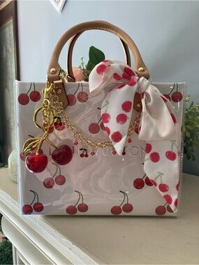 Louis Vuitton White Cherry-Print Top Handle Tote with Tan Handles
